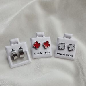 Women's Lot of 3 Stainless Steel Red White Clover Silver Hoop Earrings Studs NEW